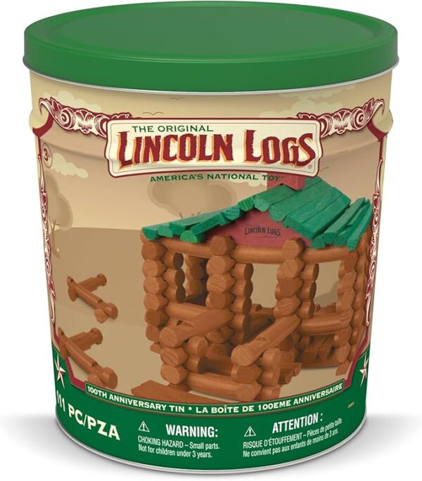 Lincoln Logs – 100th Anniversary Tin, 111 Pieces, Real Wood Logs - Ages 3+ - Best Retro Building Gift Set For Boys/Girls - Creative Construction Engineering - Preschool Education Toy - Image 3