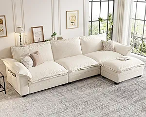 KKL Modular Sectional Sofa, 3 Seater L Shaped Couch Set for for Living Room, Modern Deep Seat Sofas with Removable Ottoman, Oversized Cloud Couch, Chenille Beige