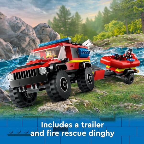 LEGO City 4x4 Fire Truck with Rescue Boat Toy for Kids Ages 5 and Up, Pretend Play Toy for Boys and Girls with a Truck Toy, Trailer, Dinghy and Tent, Plus 1 Camper and 2 Firefighter Minifigures, 60412 - Image 2