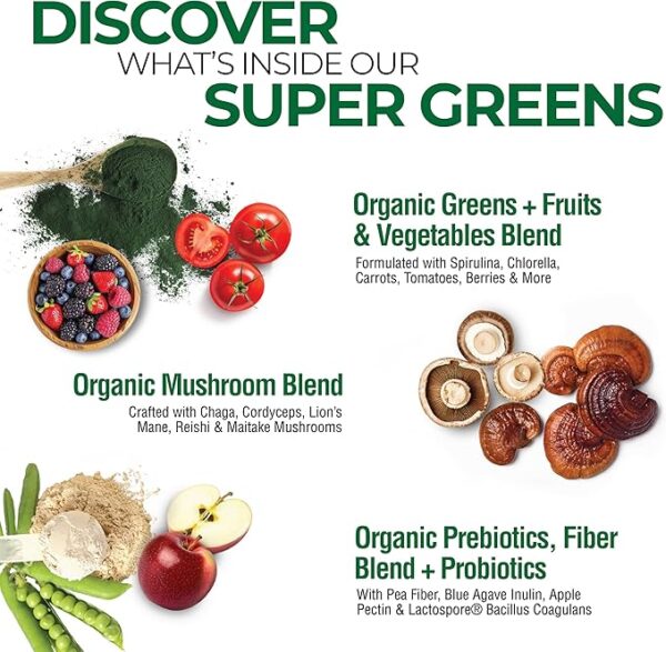 COUNTRY FARMS Super Greens Natural Flavor, 50 Organic Super Foods, Packed with Fiber, USDA Organic Drink Mix, Fruits, Vegetables, Super Greens, Mushrooms & Probiotics, Supports Energy, 6g Fiber - Image 3