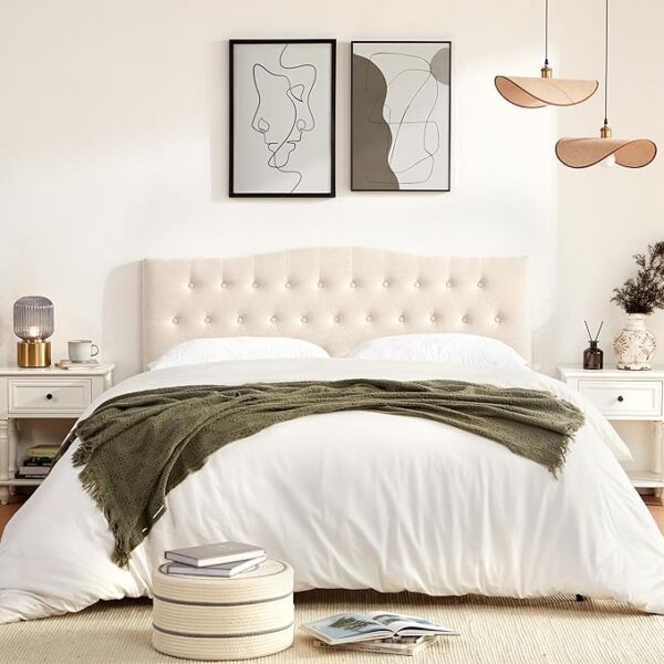 Tufted Upholstered Headboard Queen Size, Sturdy and Durable Solid Wood Bed headboard, Fabric Headboard Adjustable Height from 37” to 51”, Modern Button Diamond Design Head Board, Beige - Image 2